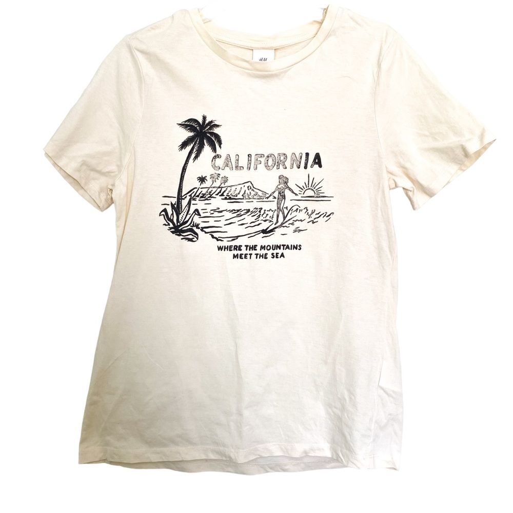 H&M Cream California Surf Graphic Print Short Sleeve Tee Coastal Size S
